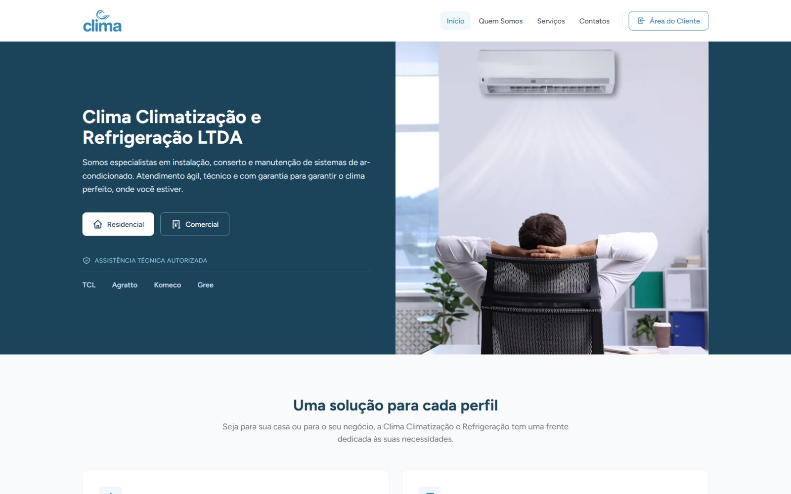 Página inicial do site da Clima Climatização e Refrigeração
