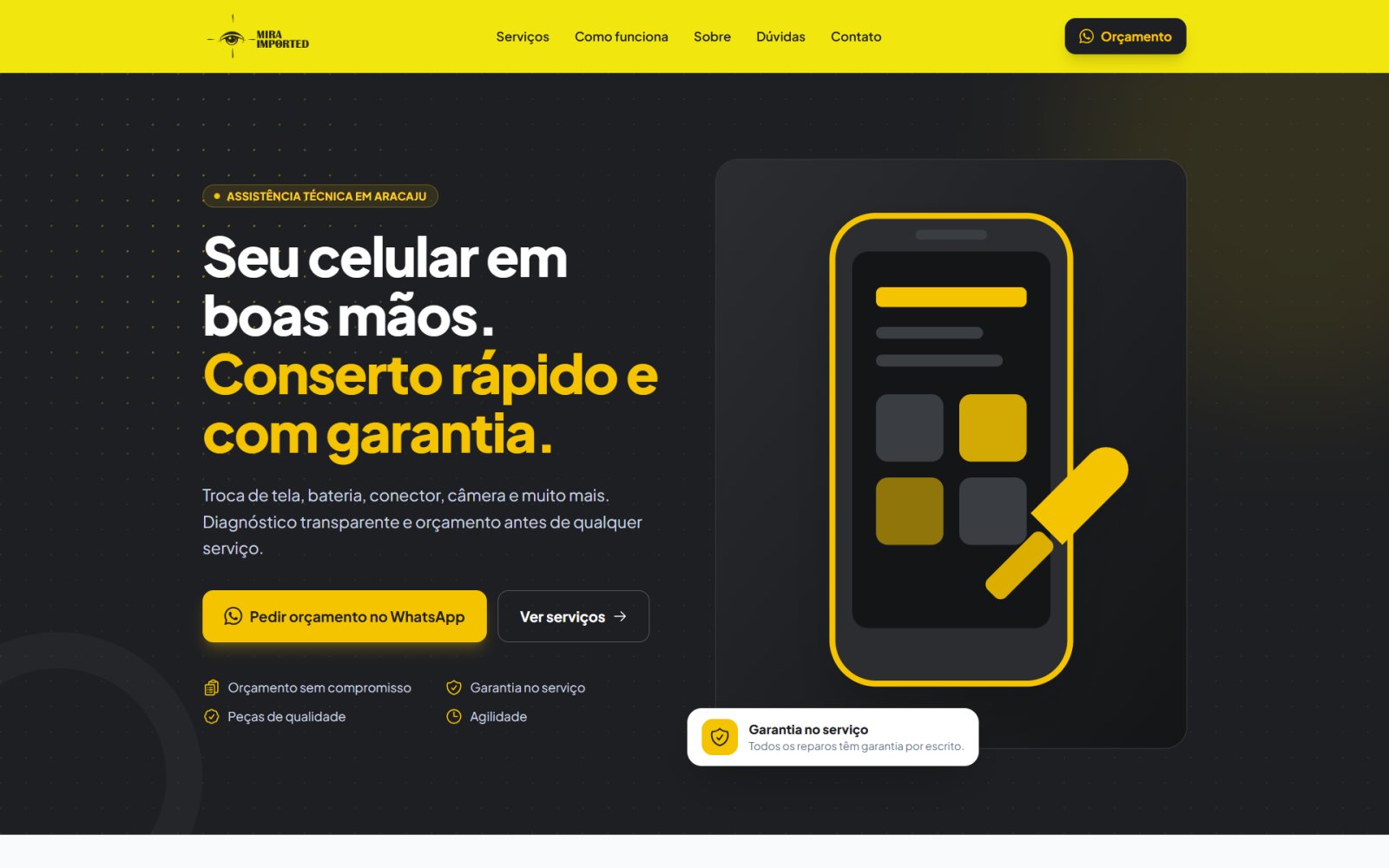 Página inicial do site da Mira Imported