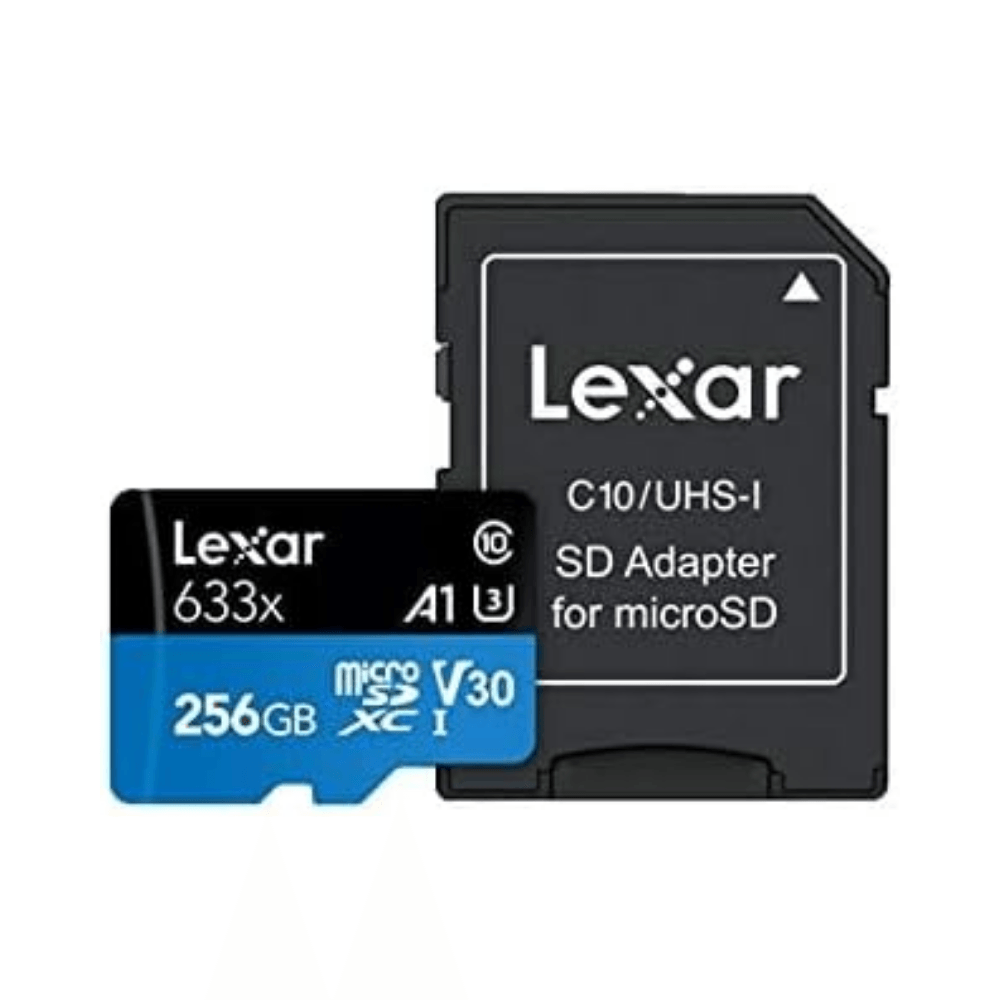 Microsd 256GB– Class 10, A1, UHS-I (U3), V30, 633x (up to 100MBs read, up to 45MBs write)